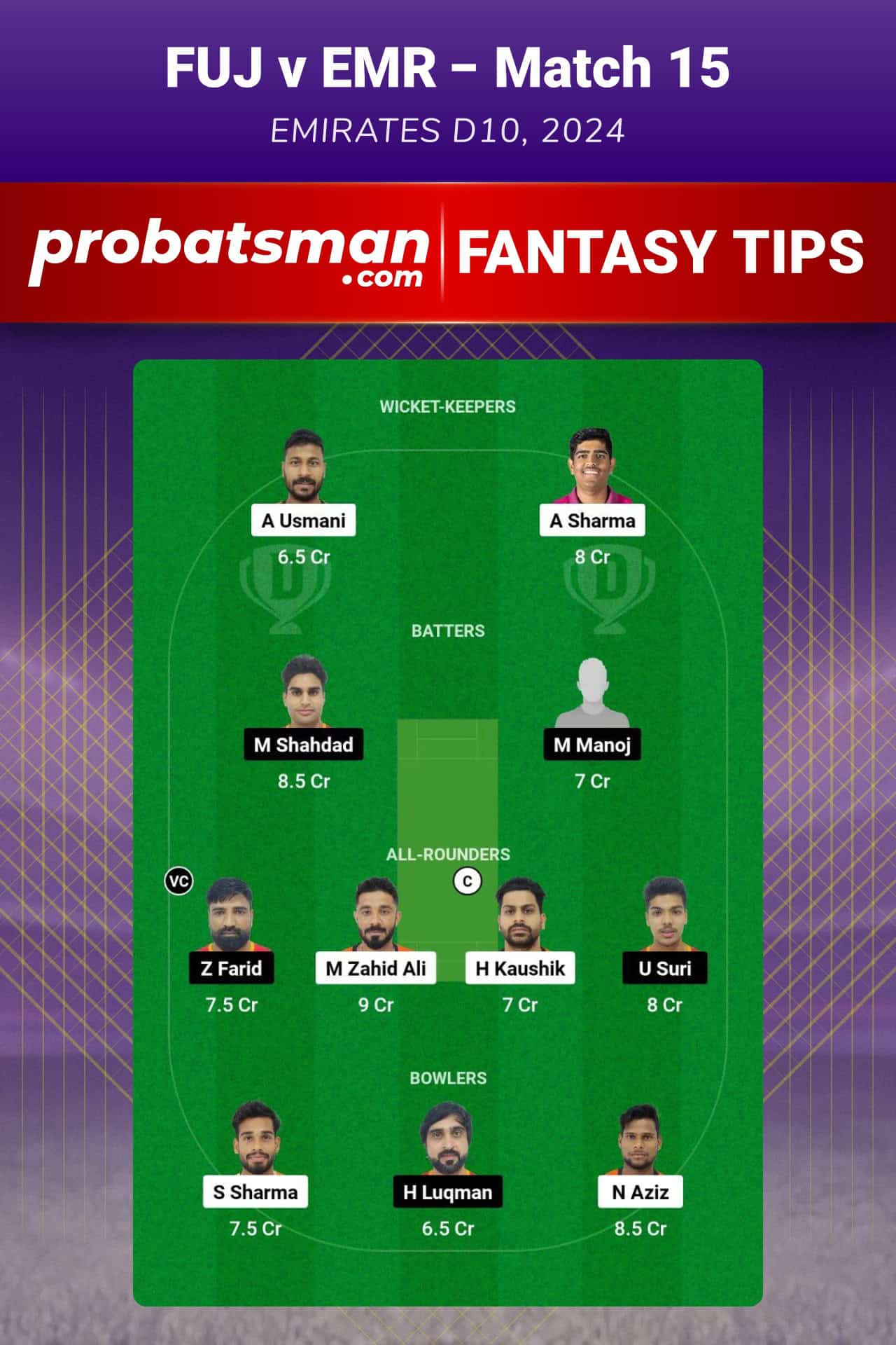 FUJ vs EMR Dream11 Prediction For Match 15 of Emirates D10 2024