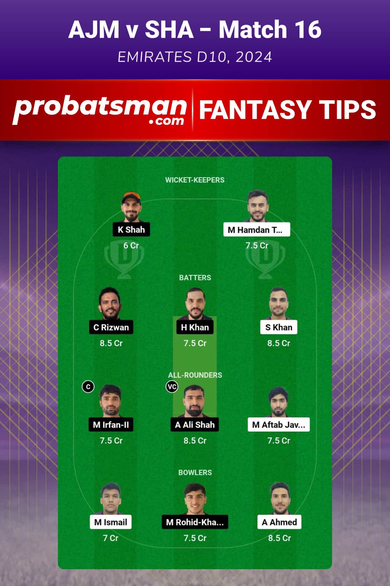 AJM vs SHA Dream11 Prediction For Match 16 of Emirates D10 2024