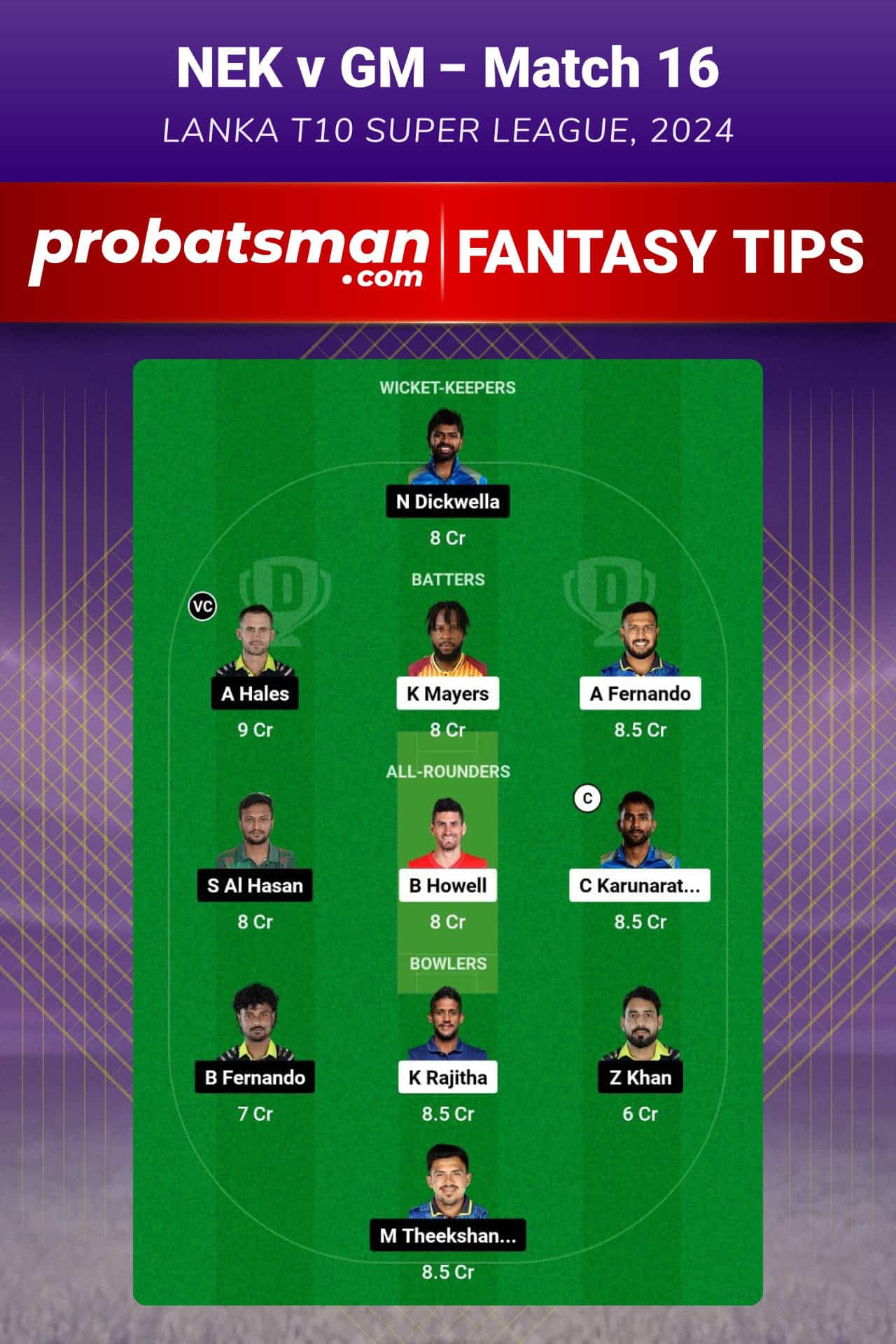 NEK vs GM Dream11 Prediction For Match 16 of Lanka T10 Super League 2024