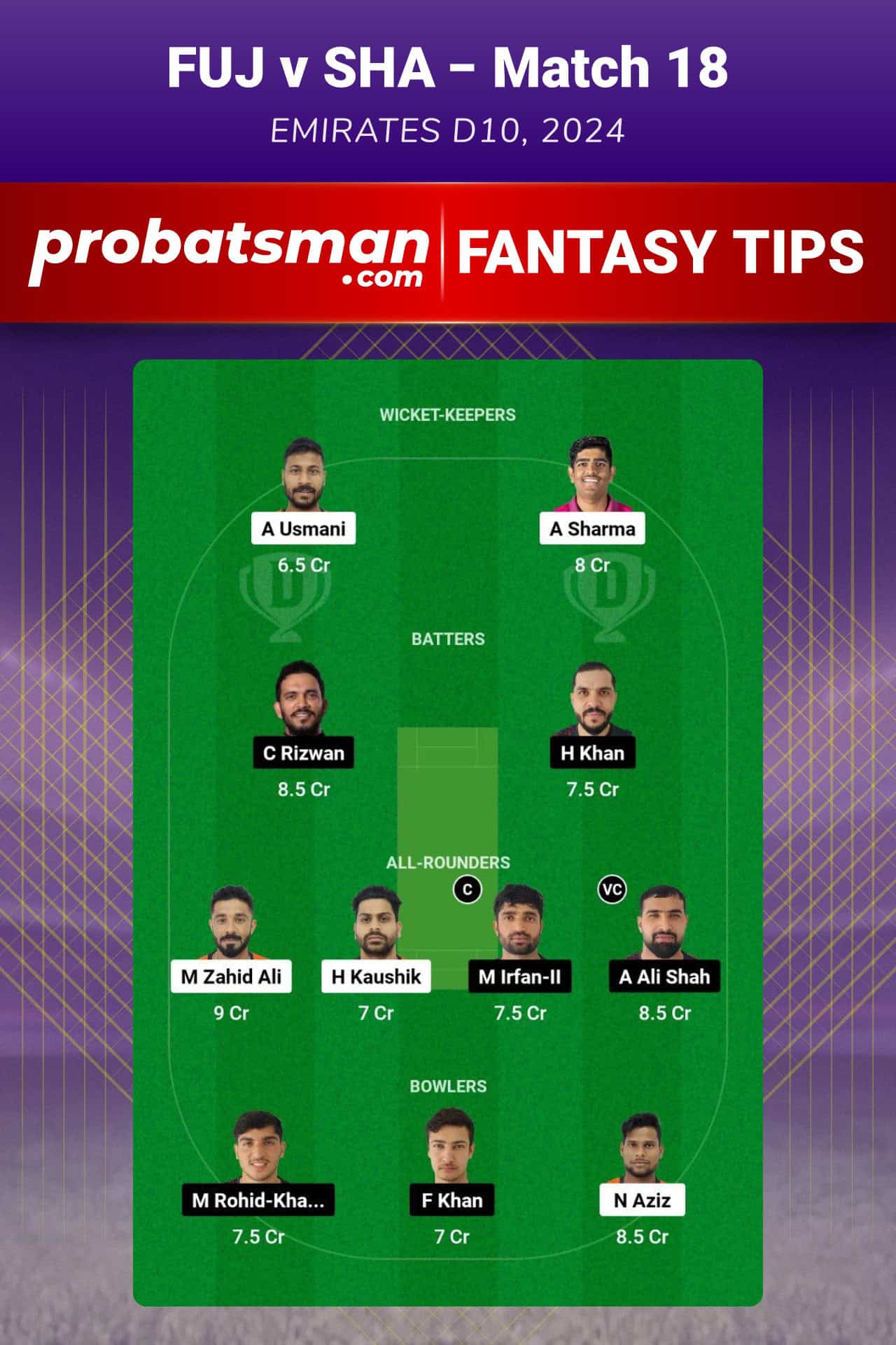 FUJ vs SHA Dream11 Prediction For Match 18 of Emirates D10 2024