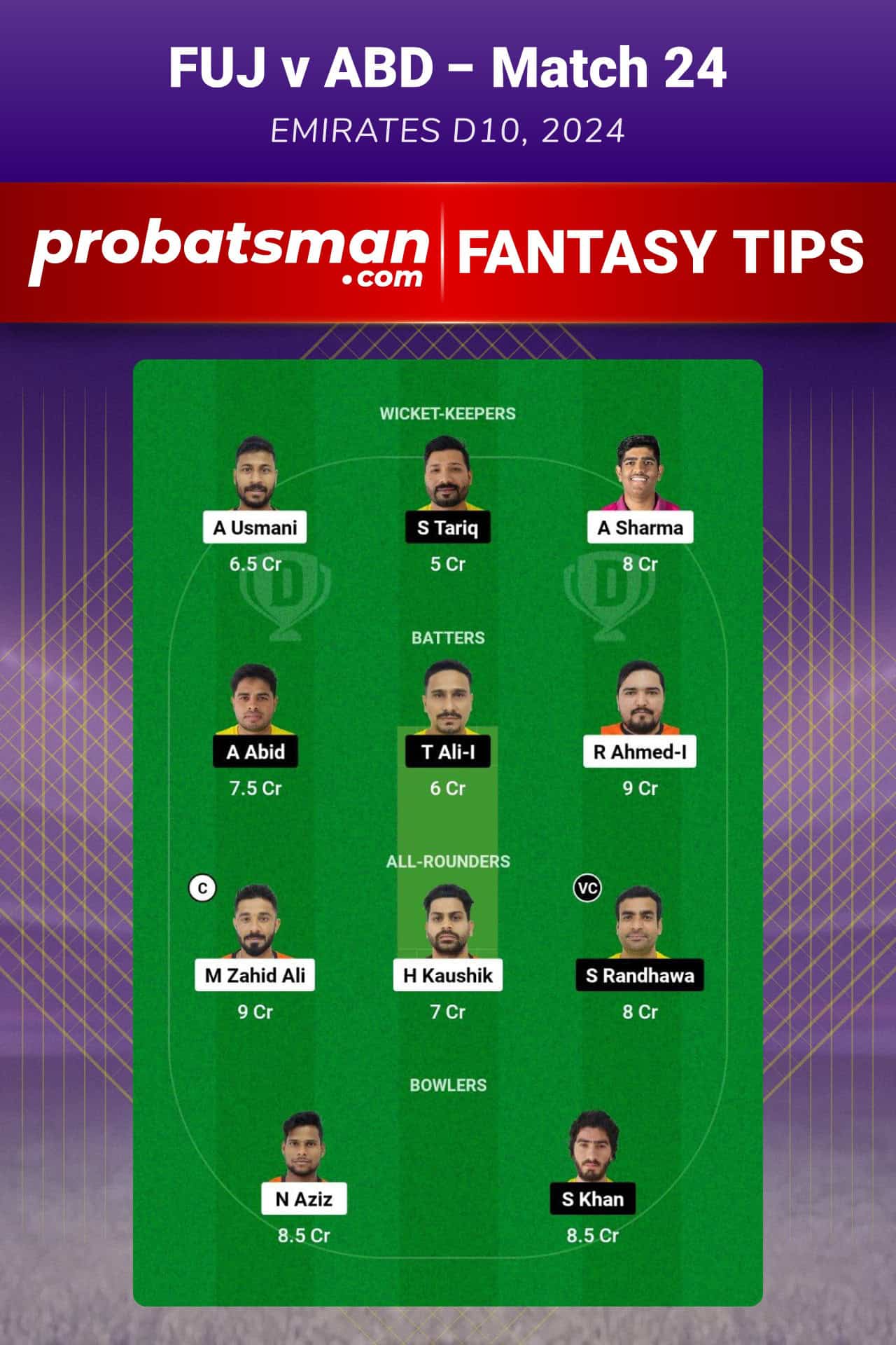 FUJ vs ABD Dream11 Prediction For Match 24 of Emirates D10 2024