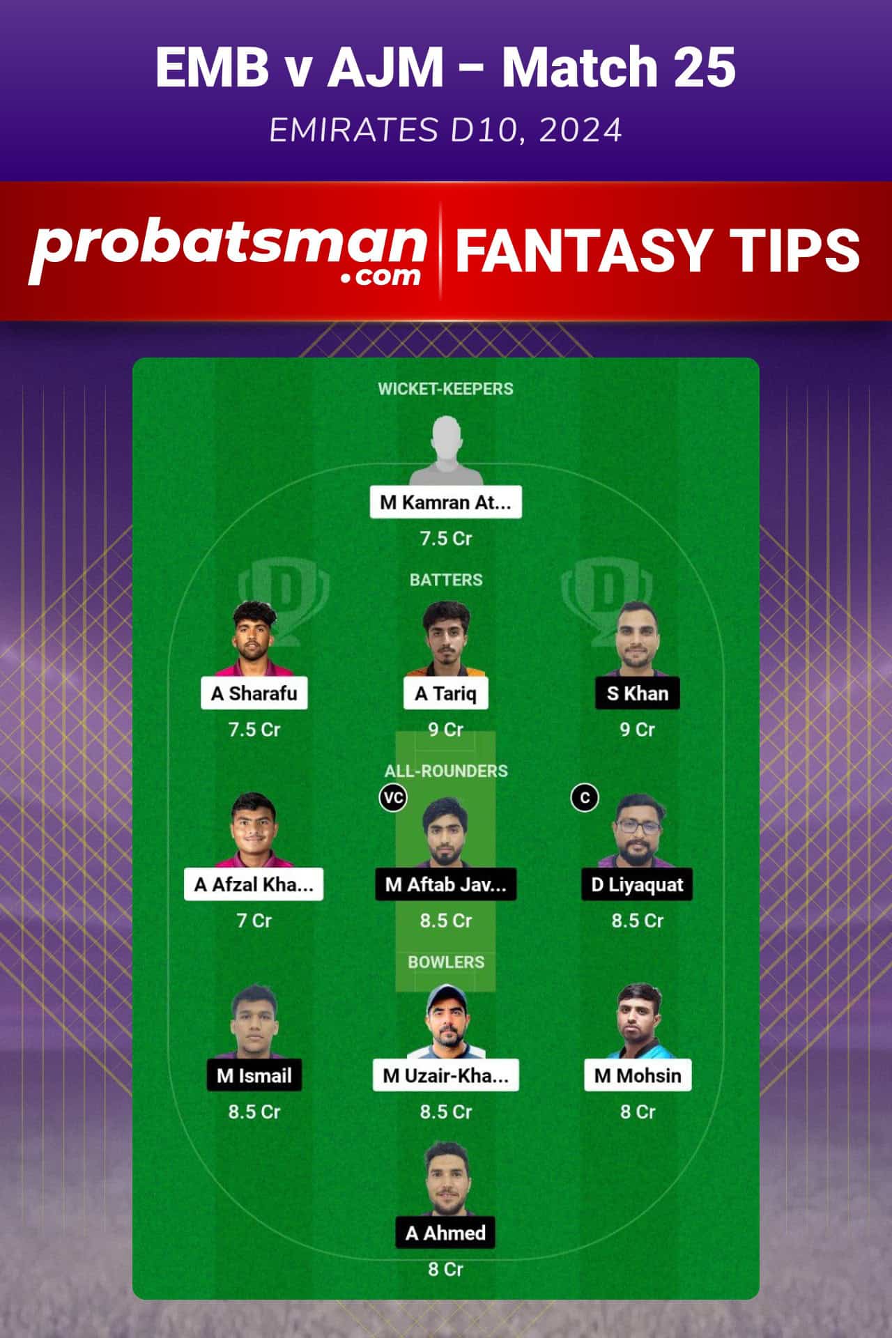 EMB vs AJM Dream11 Prediction For Match 25 of Emirates D10 2024