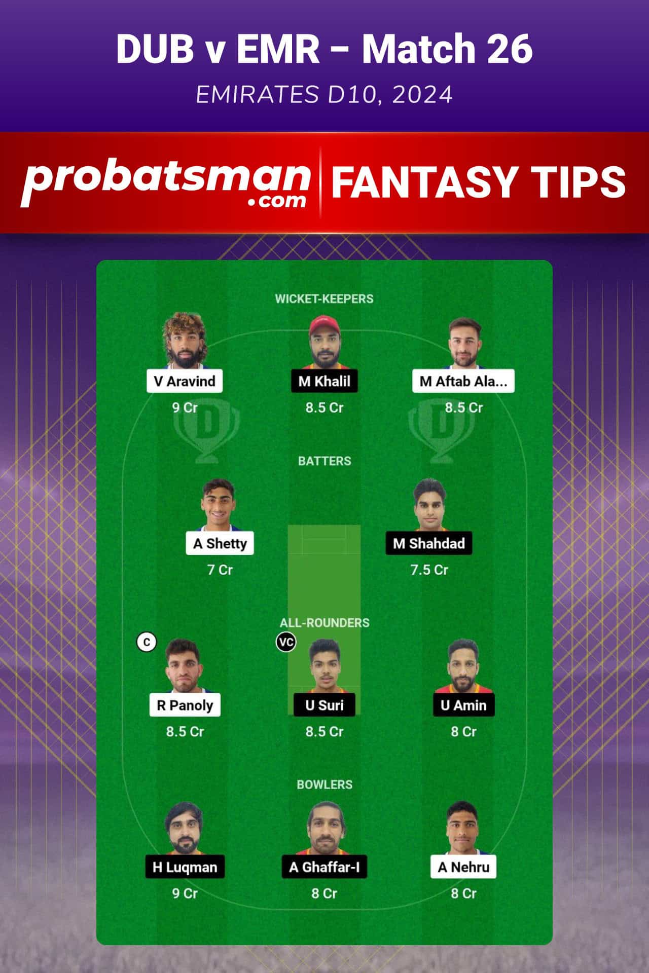 DUB vs EMR Dream11 Prediction For Match 26 of Emirates D10 2024