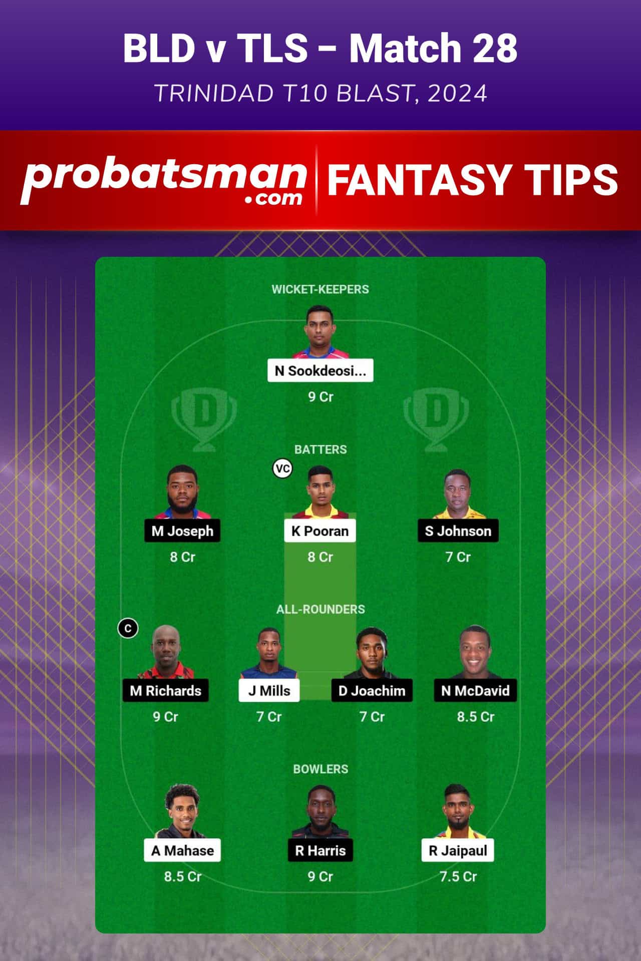 BLD vs TLS Dream11 Prediction For Match 28 of Trinidad T10 Blast 2024