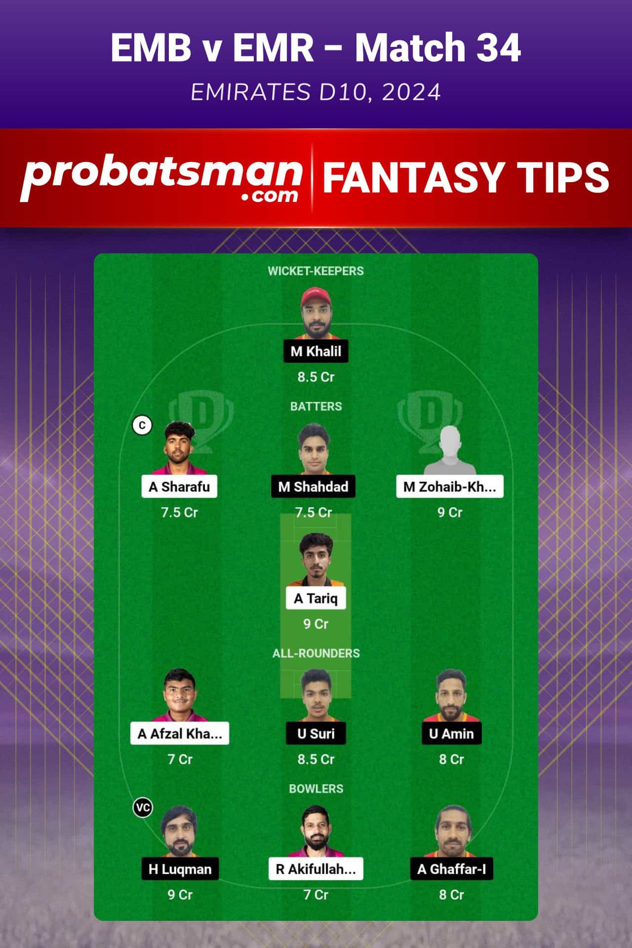 EMB vs EMR Dream11 Prediction For Match 34 of Emirates D10 2024