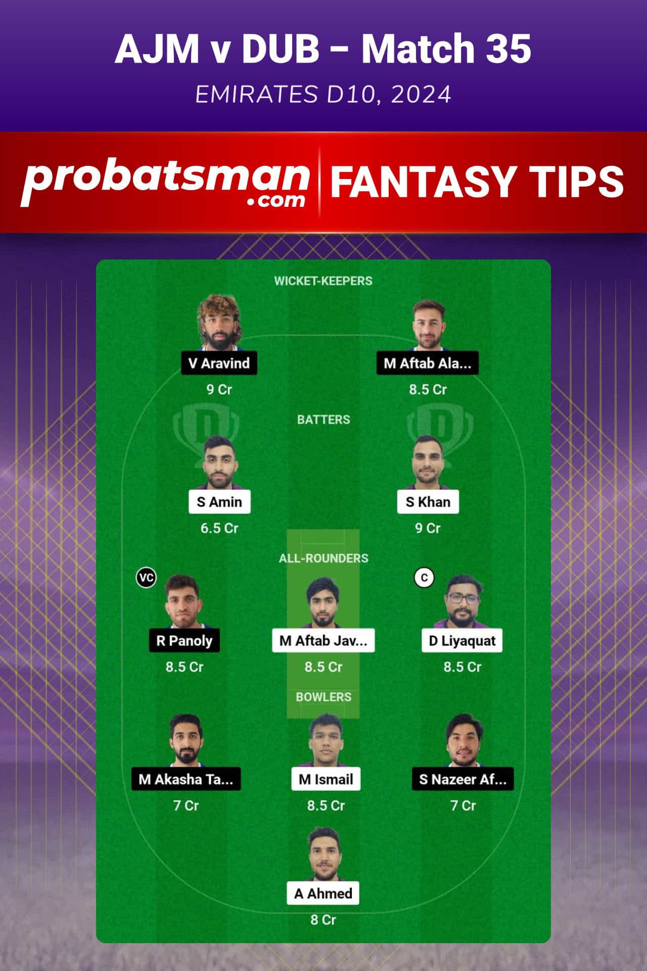 AJM vs DUB Dream11 Prediction For Match 35 of Emirates D10 2024