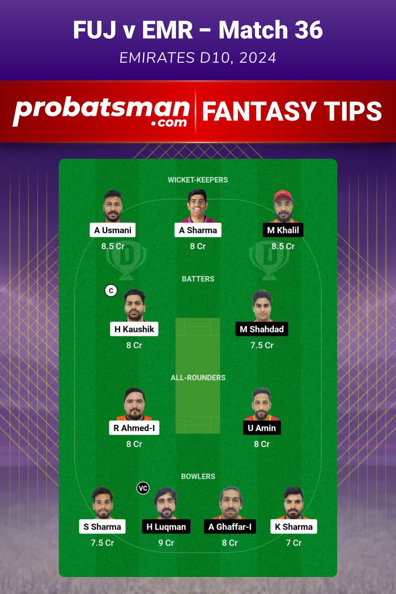 FUJ vs EMR Dream11 Prediction For Match 36 of Emirates D10 2024