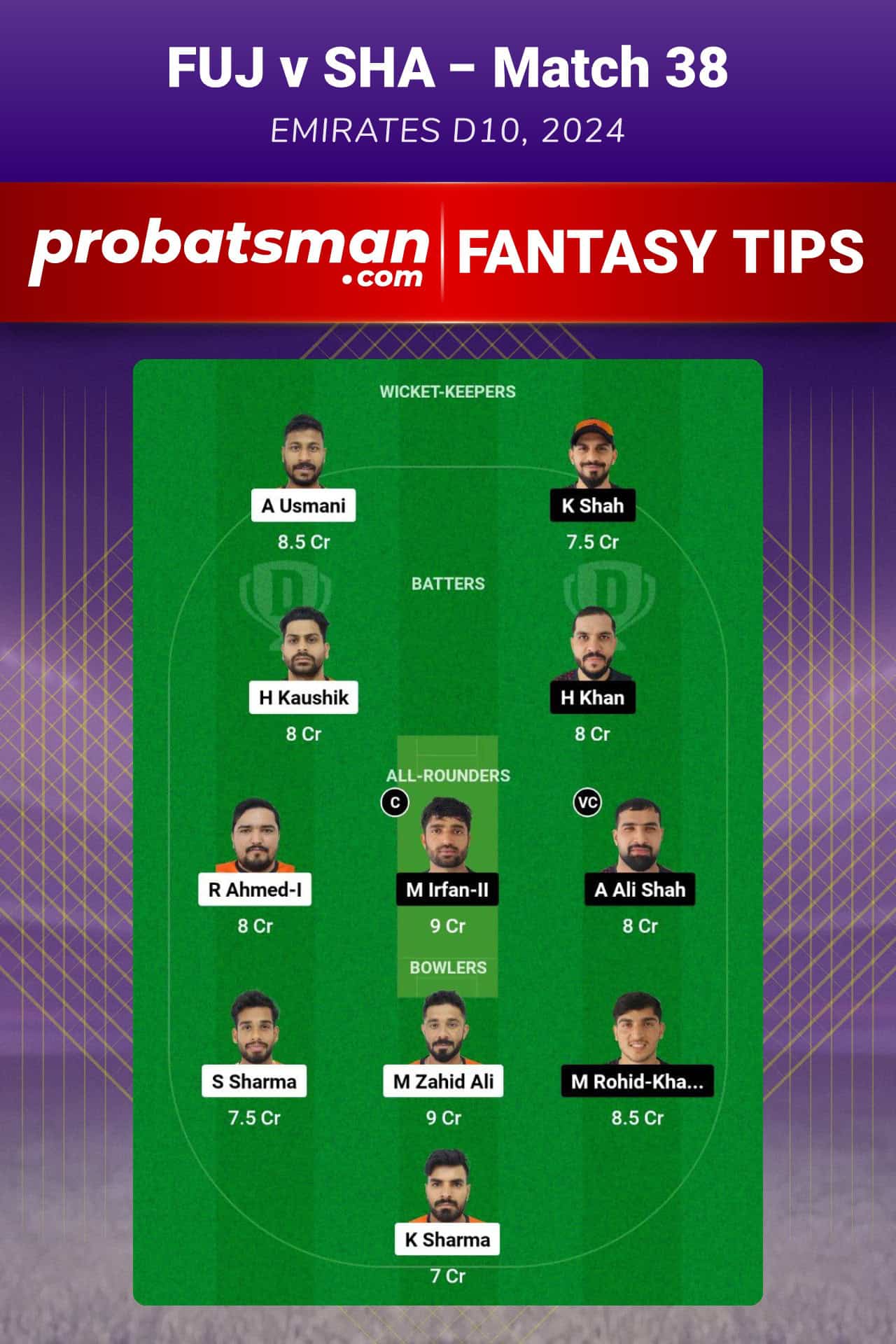 FUJ vs SHA Dream11 Prediction For Match 38 of Emirates D10 2024