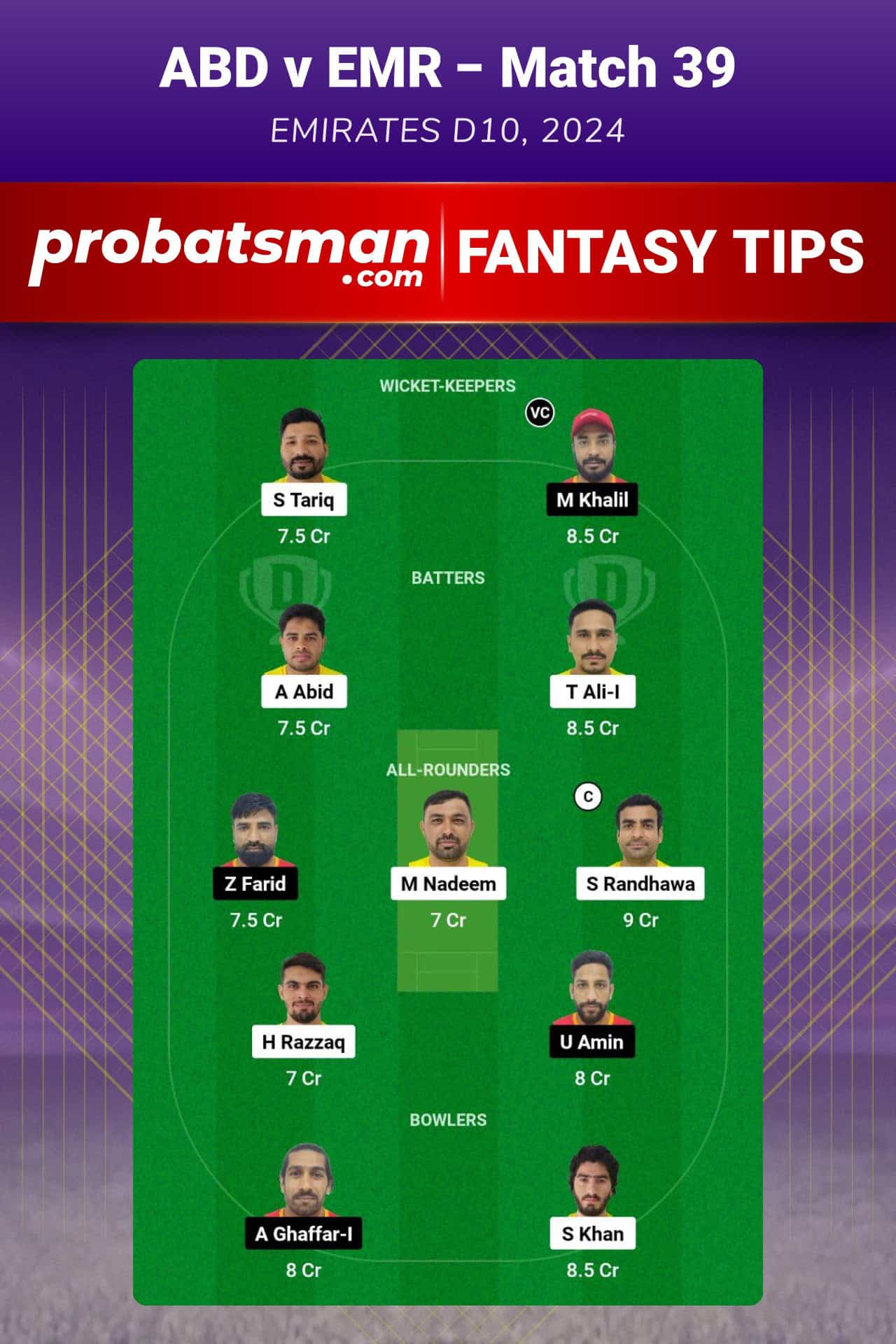 ABD vs EMR Dream11 Prediction For Match 39 of Emirates D10 2024