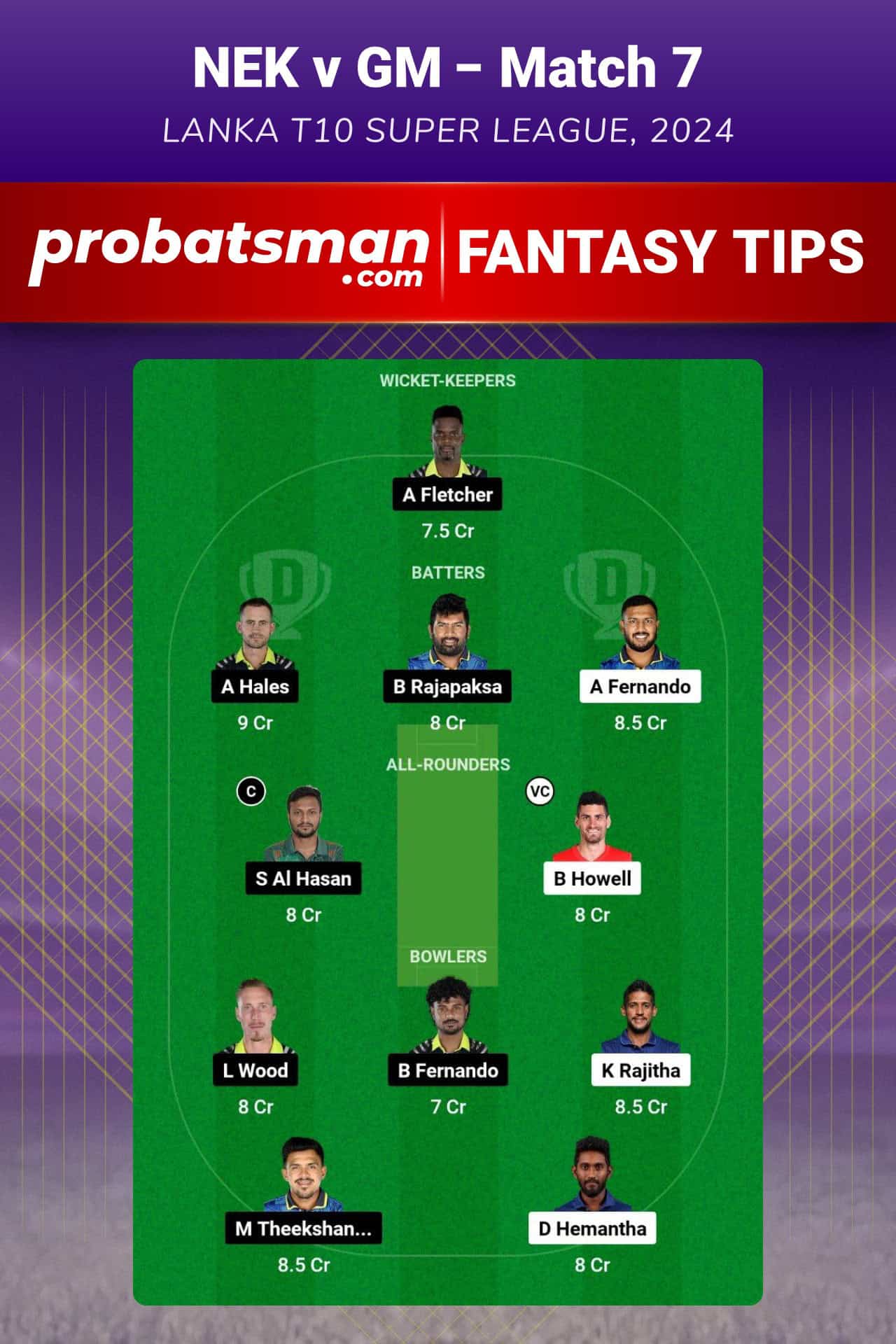 NEK vs GM Dream11 Prediction For Match 7 of Lanka T10 Super League 2024