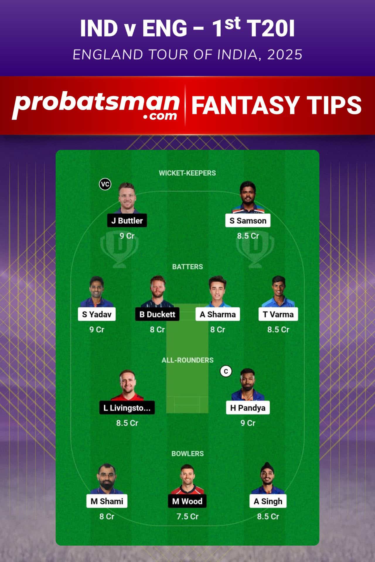 IND vs ENG Dream11 Prediction For 1st T20I of England tour of India 2025