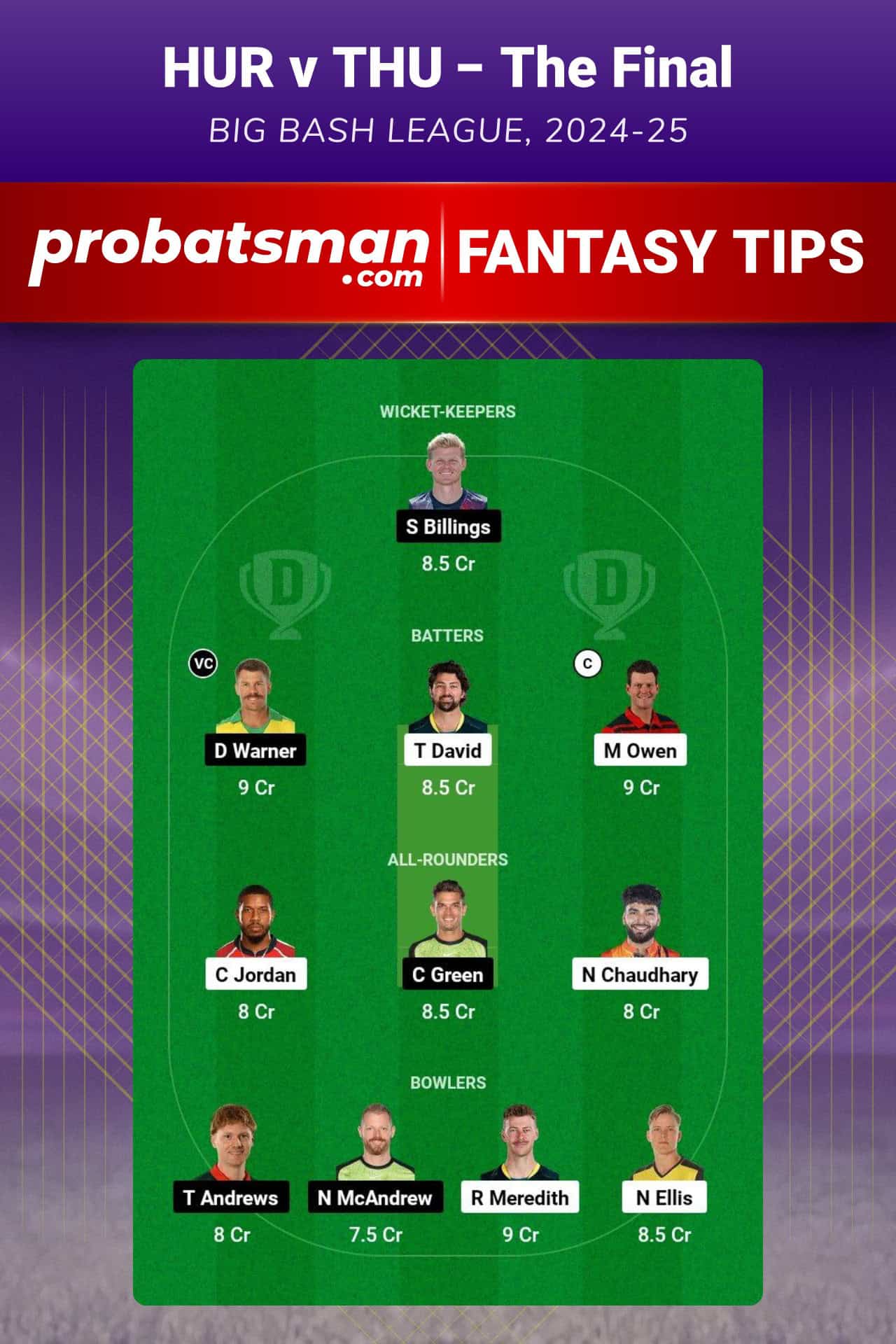 SIX vs THU Dream11 Prediction For The Final of Big Bash League (BBL) 2024-25