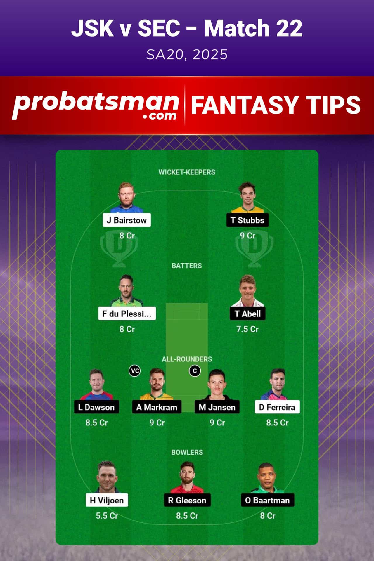 JSK vs SEC Dream11 Prediction For Match 22 of SA20 2025