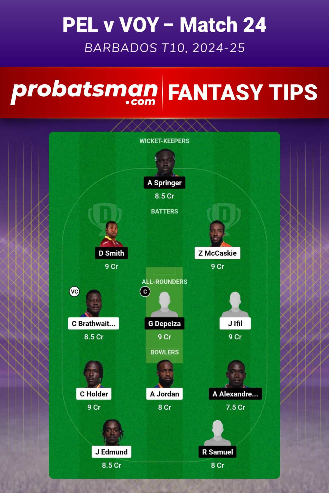 PEL vs VOY Dream11 Prediction For Match 24 of Barbados T10 2024-25