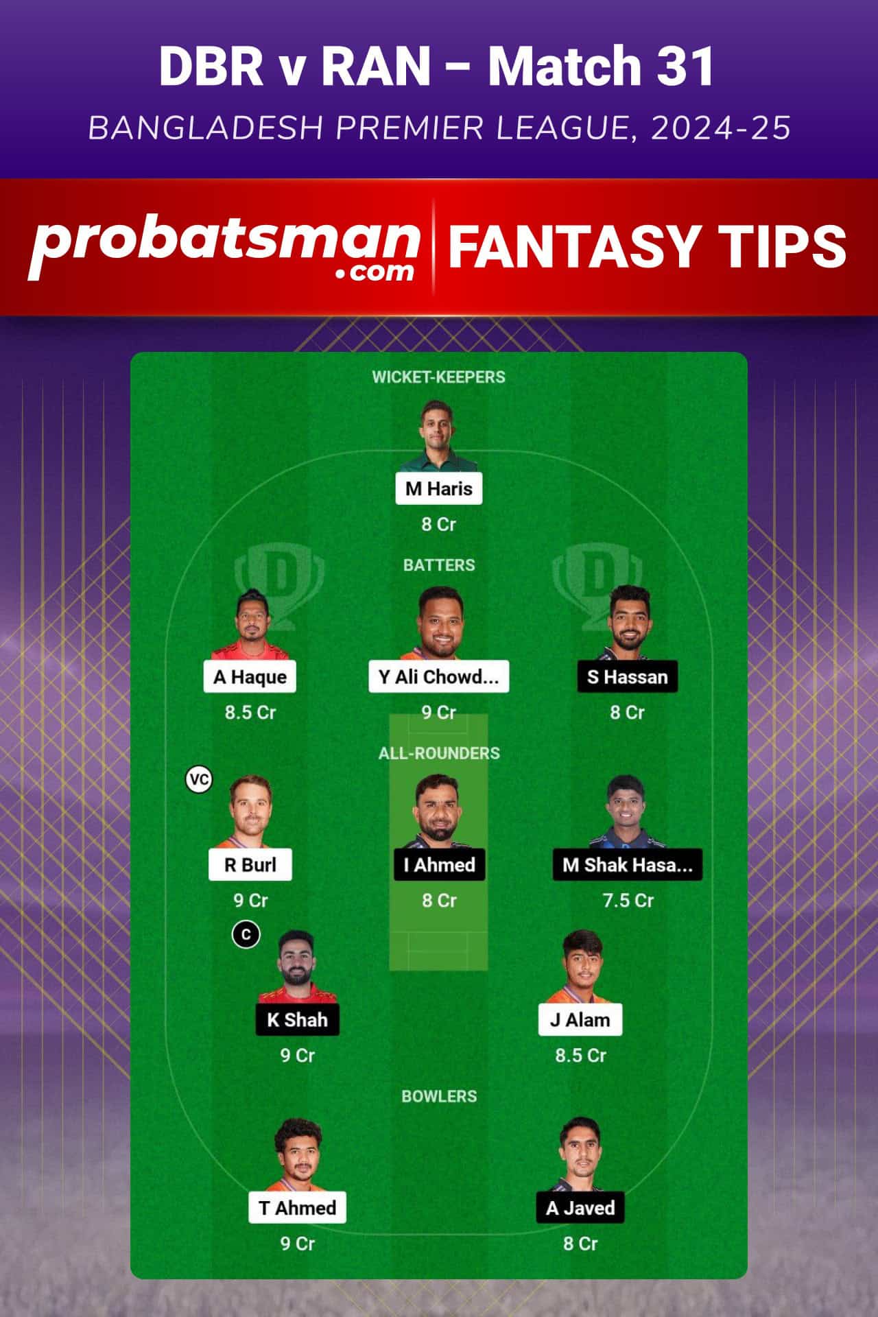 DBR vs RAN Dream11 Prediction For Match 31 of Bangladesh Premier League 2024-25