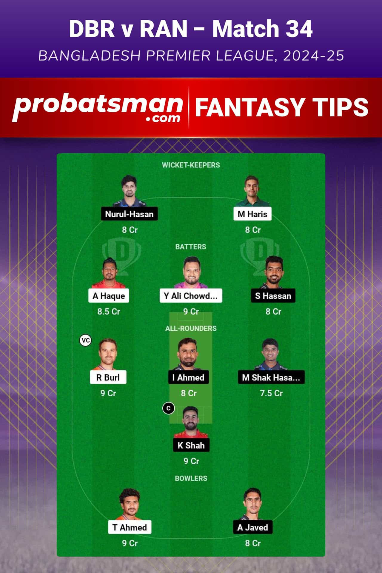 DBR vs RAN Dream11 Prediction For Match 34 of Bangladesh Premier League 2024-25