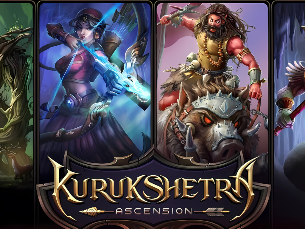 Kurukshetra: Ascension logo with a background featuring characters and elements inspired by the Mahabharata and Ramayana, representing the game's epic battles.