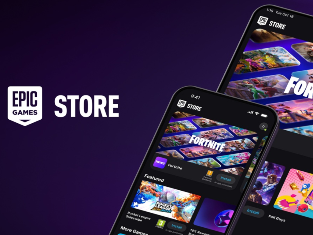 Epic Games Store displayed on a smartphone and tablet screen, showcasing games like Fortnite, Fall Guys, and Rocket League with a vibrant interface.