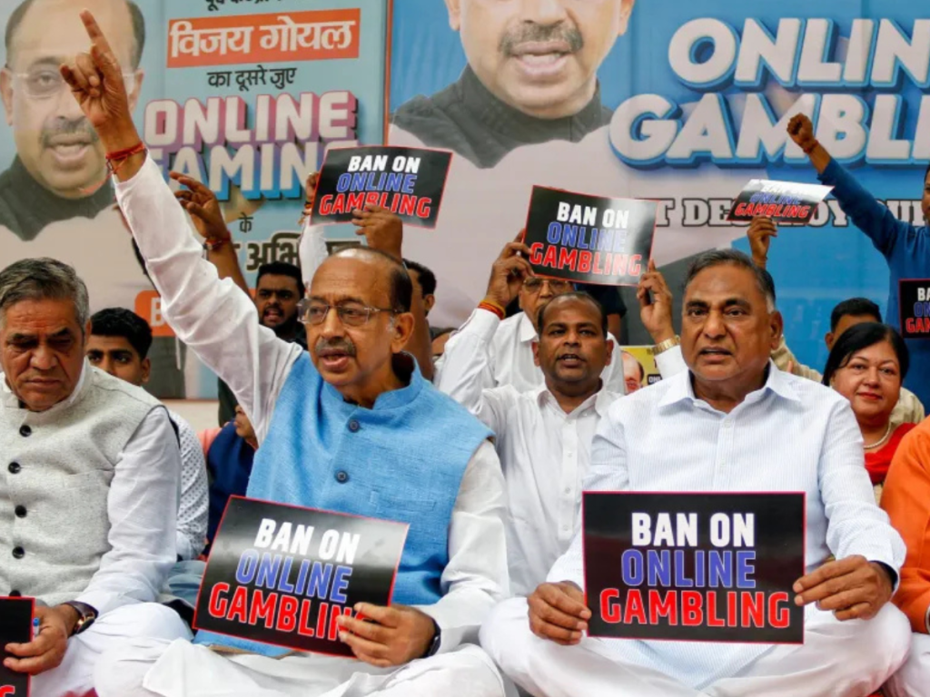 Vijay Goel advocating for a ban on real money gaming platforms due to their harmful financial impact and addictive nature.