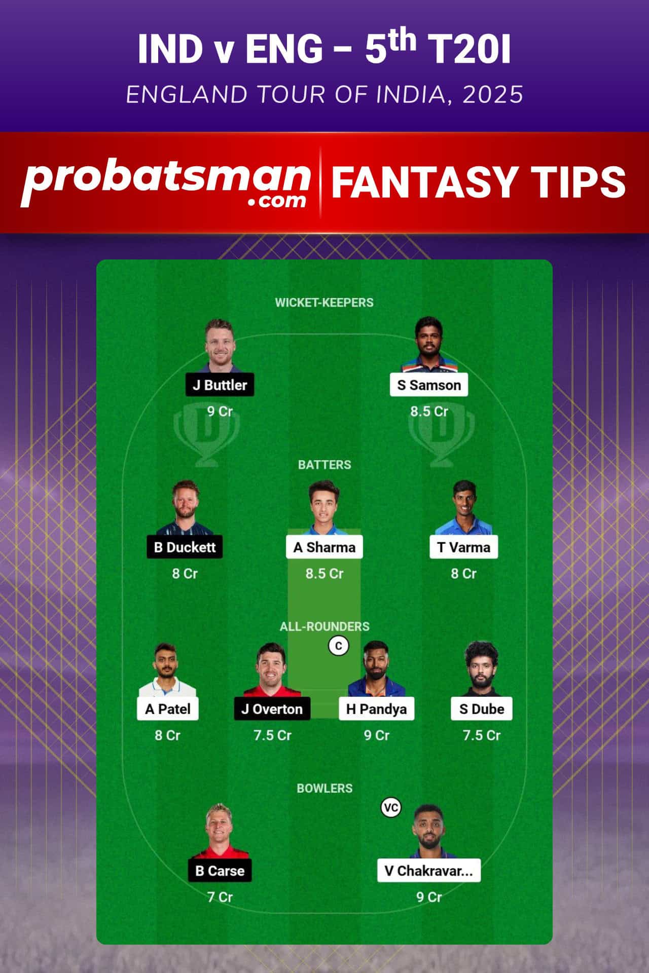 IND vs ENG Dream11 Prediction For 5th T20I of England tour of India 2025